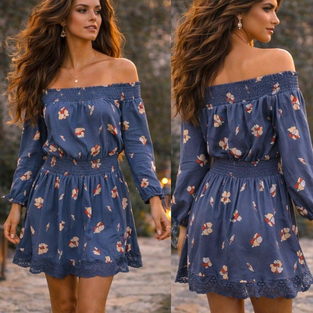 Abercrombie & Fitch S Off Shoulder Smocked Mini Dress Blue Floral Boho Lace Chic